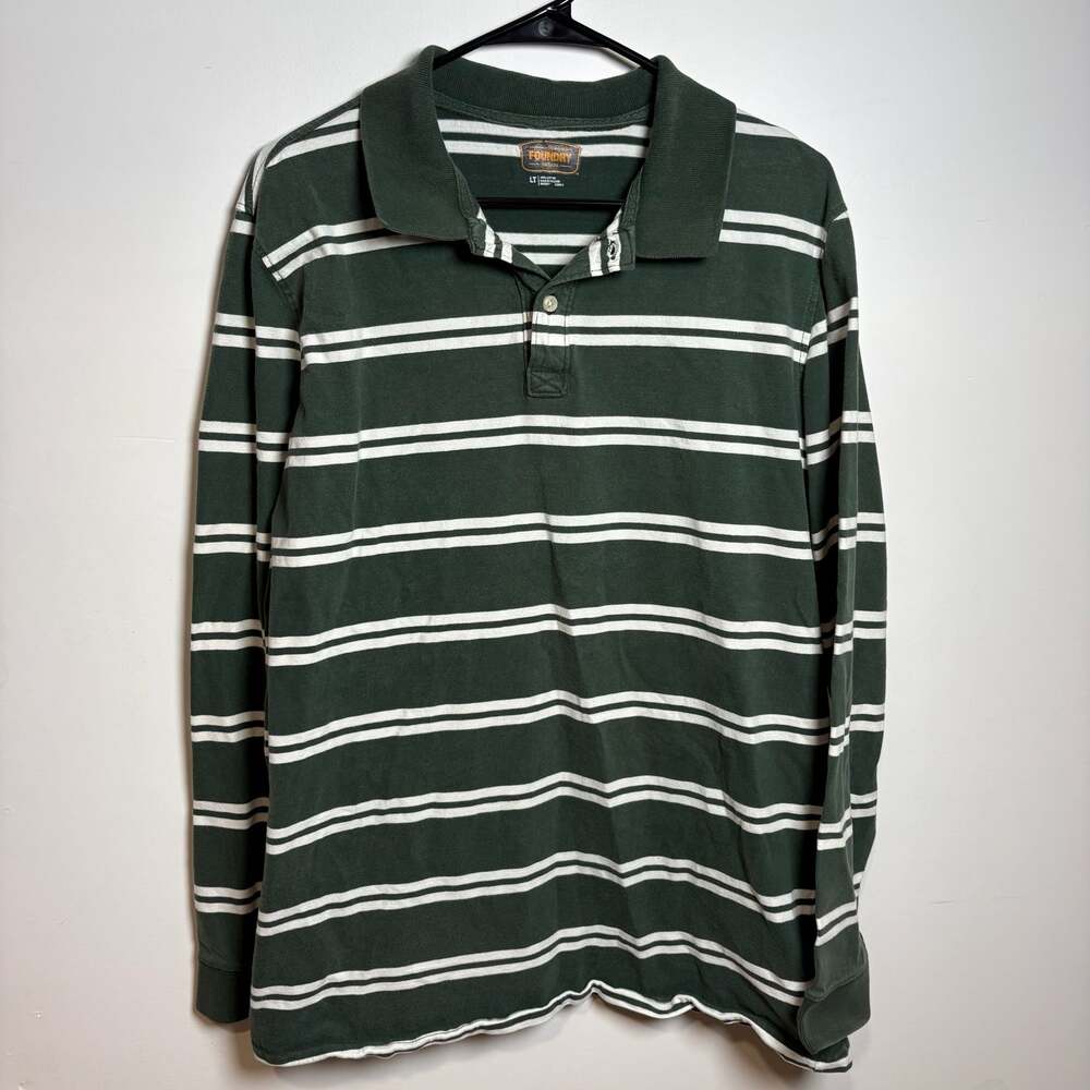 The Foundry Supply Co. Green and White Striped Long Sleeve Polo Shirt LT